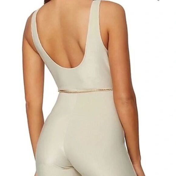 Revolve WeWoreWhat Beige Chain Romper Unitard Belted Ribbed Khaki Bodysuit - Picture 4 of 12
